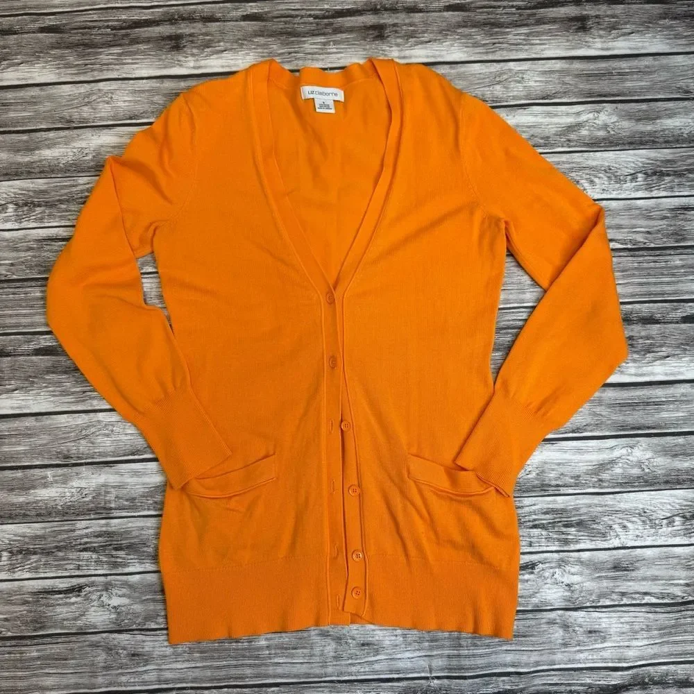 Liz Claiborne Women Long Cardigan Small Golden Orange Button Front Tunic Sweater